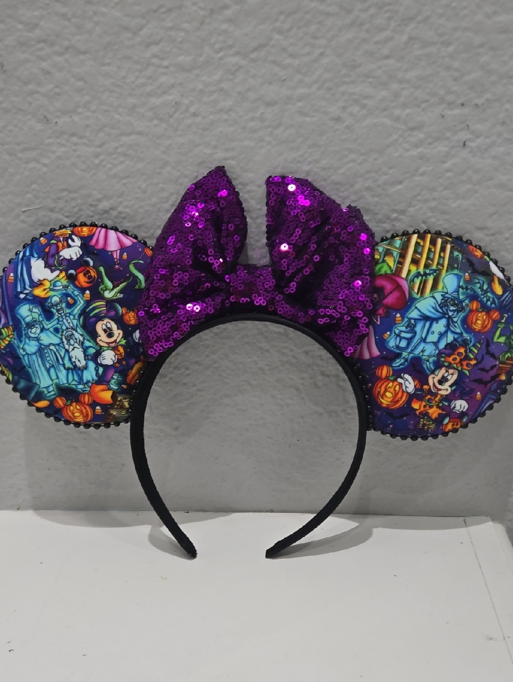 Light up-Purple Sequin Bow Minnie Ear Headband -Haunted Mansion